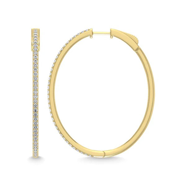 Gold hoop earrings with embedded stones on a white background