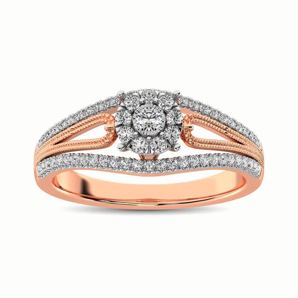 Rose gold and silver ring with diamonds on a white background