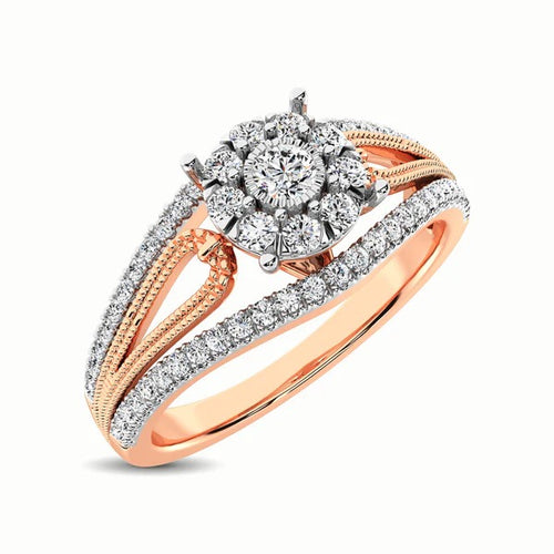 Rose gold and silver diamond ring on a white background