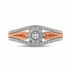 Rose gold and silver ring with diamond accents on a white background