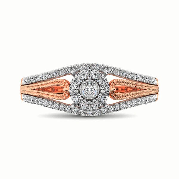 Rose gold and silver ring with diamond accents on a white background