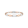 Three-link bracelet with rose gold, silver, and white gold links on a white background