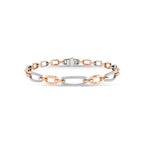 Three-link bracelet with rose gold, silver, and white gold links on a white background
