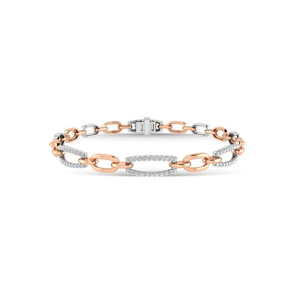 Three-link bracelet with rose gold, silver, and white gold links on a white background