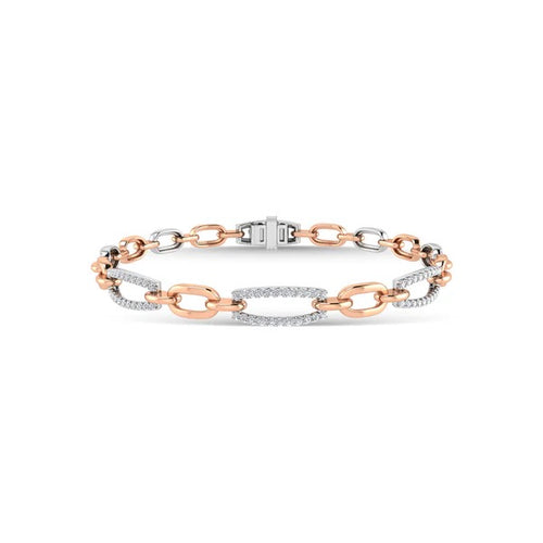 Three-link bracelet with rose gold, silver, and white gold links on a white background