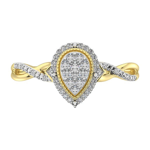Gold and silver ring with a heart-shaped diamond design on a white background