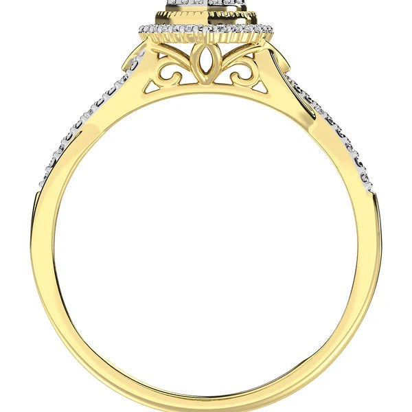 Gold ring with diamond accents on a white background