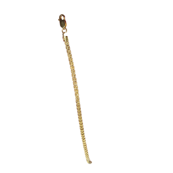 A gold-toned metal chain accessory with a lobster clasp, shown against a plain white background.