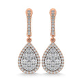 Rose gold teardrop earrings with diamond accents on a white background