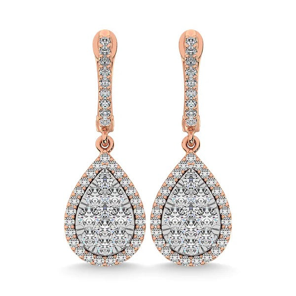 Rose gold teardrop earrings with diamond accents on a white background