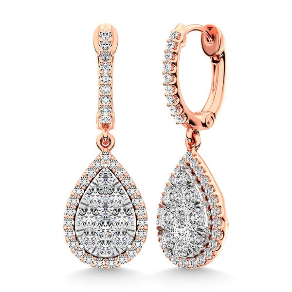 Rose gold teardrop earrings with clear gemstones on a white background