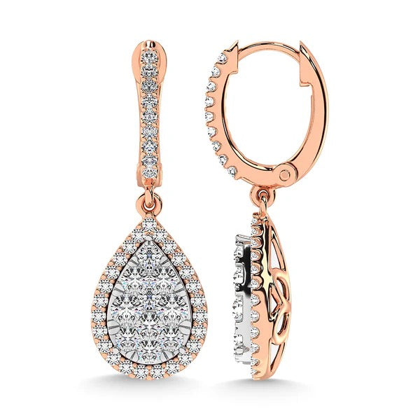 Rose gold teardrop earrings with clear gemstones on a white background