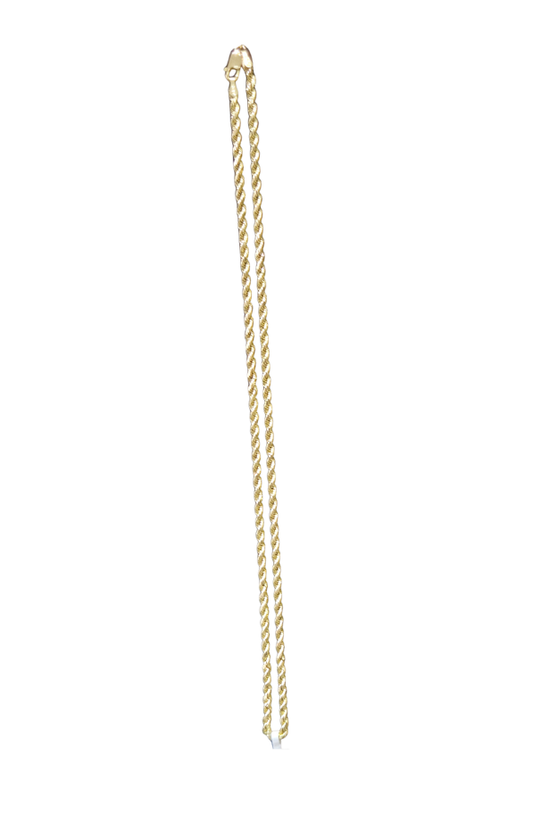 Size: 3.1mm/18in, 5.1 Gr./3.3 Dwt.
A long, delicate gold chain necklace with a twisted rope or curb link design, shown vertically against a plain white background.