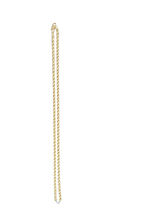 Size: 3.0mm/18in, 4.7 Gr./30 Dwt.
A gold rope chain necklace displayed vertically against a plain white background.