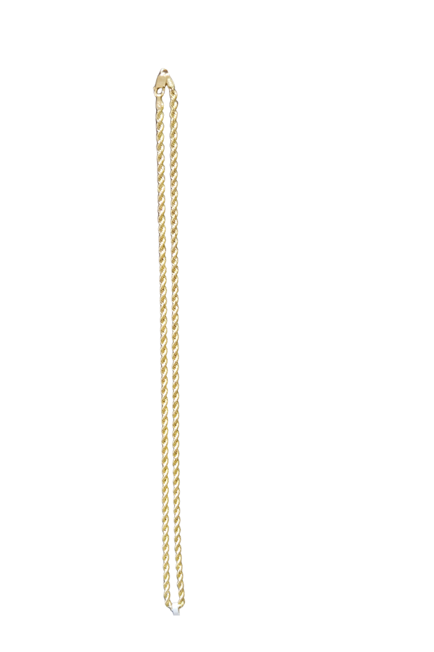 Size: 3.0mm/18in, 4.7 Gr./30 Dwt.
A gold rope chain necklace displayed vertically against a plain white background.