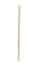 A gold rope chain necklace displayed vertically against a plain white background.