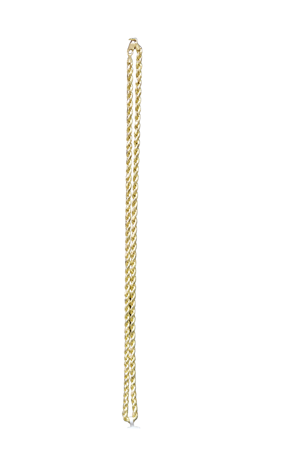 A gold rope chain necklace displayed vertically against a plain white background.