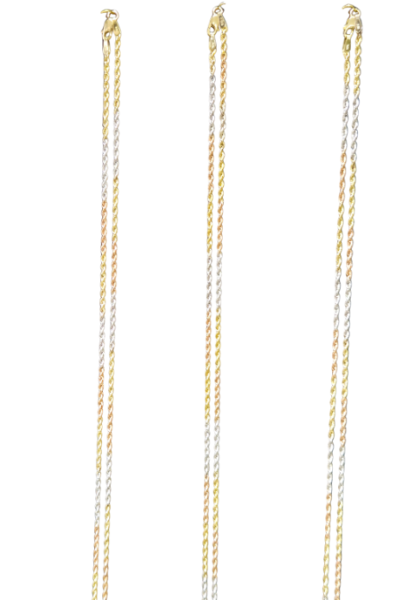 Four long twisted chain necklaces in a tri-tone gold and silver finish, arranged vertically on a plain white background.