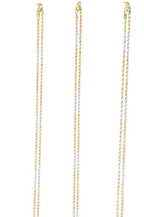 Four long twisted chain necklaces in a tri-tone gold and silver finish, arranged vertically on a plain white background.
