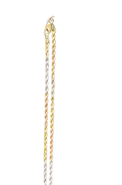 A tri-tone rope chain necklace with a lobster clasp, featuring one gold-toned chain and one silver-toned chain side by side, shown against a plain white background.